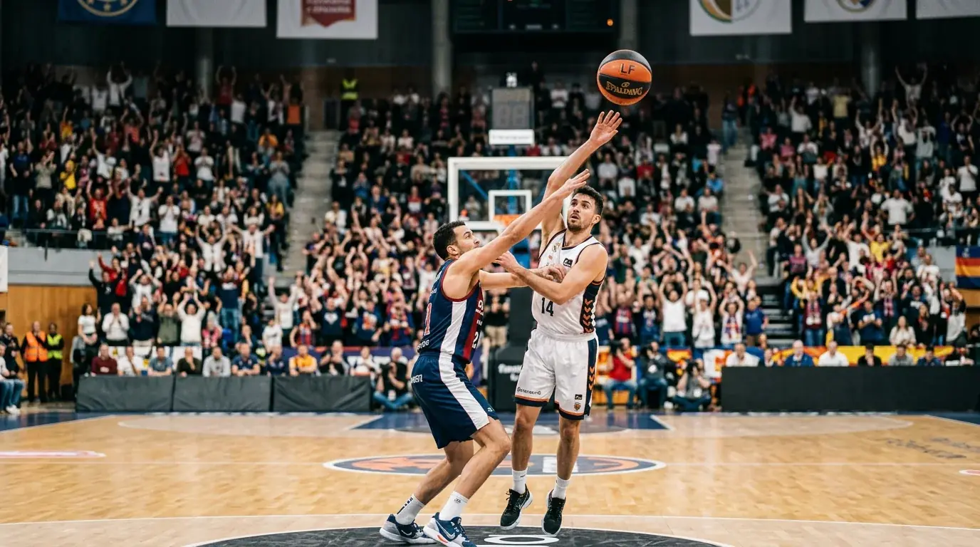 Partido de baloncesto de la Liga ACB en pabellón español con jugadores en acción y aficionados en las gradas
