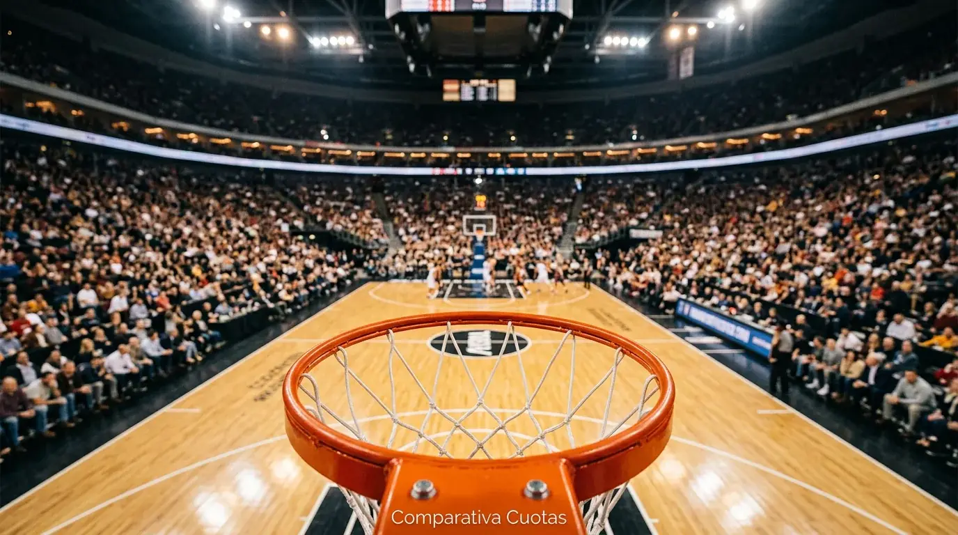 Estadio de baloncesto con cancha vista desde tribuna alta y aros en primer plano bajo focos